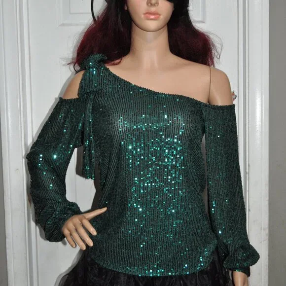 CeCe Women's Sequin Party Sparkly Glitter Long Sleeve Off Shoulder Top S,M,L. - Picture 3 of 7